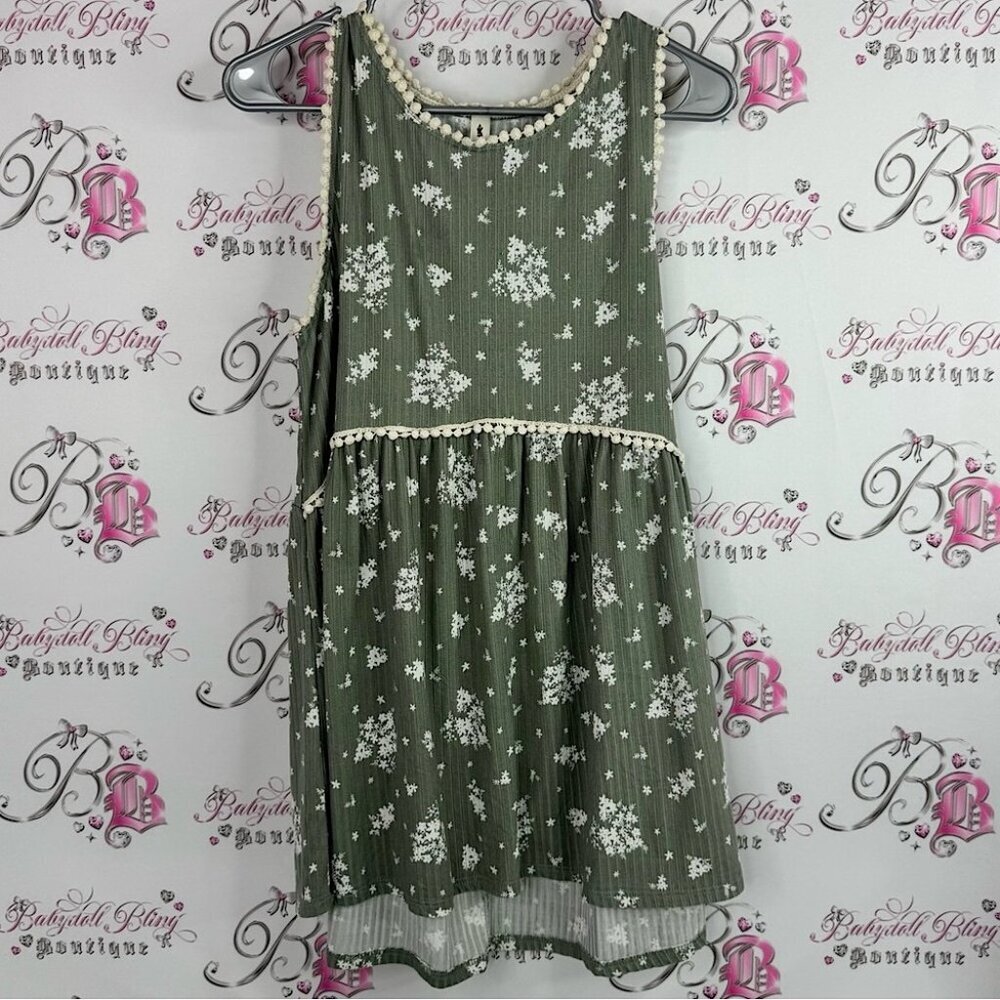 Vanilla Bay dress tank style Pom Pom tassle details Olive Floral Dress